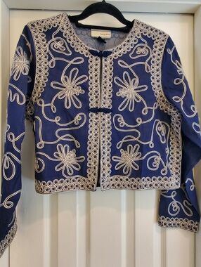 Carrie Allen Navy Blue Silk & Cotton Embroidered Jacket Size M